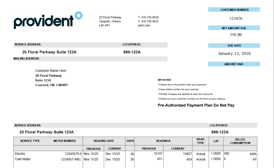 You can find your account number and meter number on your bill as shown.